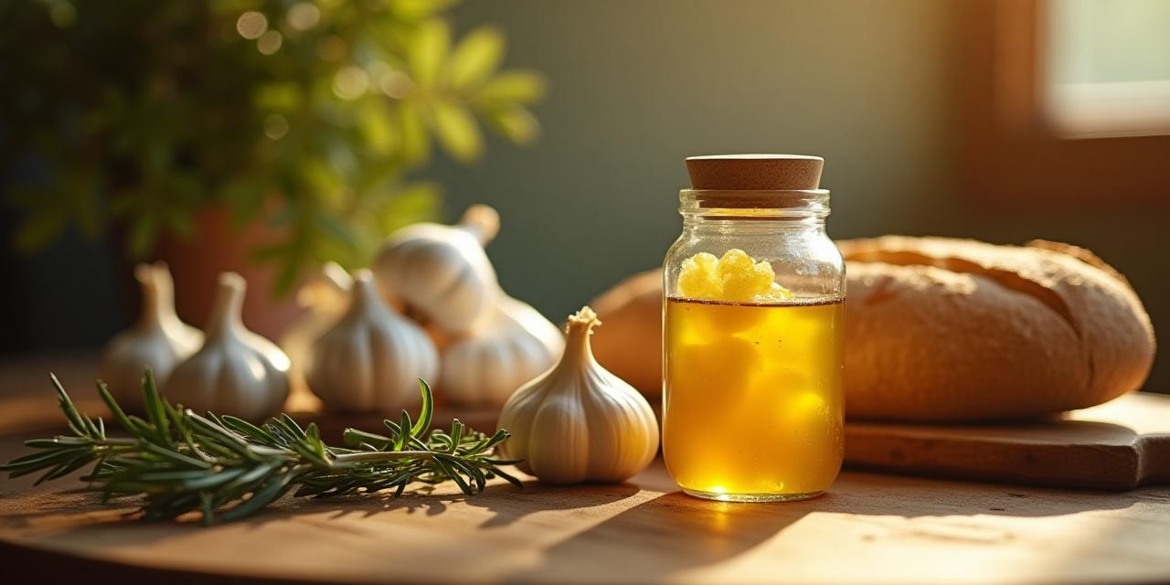 Mesa rústica con ajo artesanal, pan y hierbas frescas