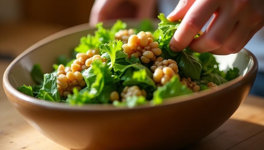 Persona preparando una ensalada saludable con nueces esparcidas