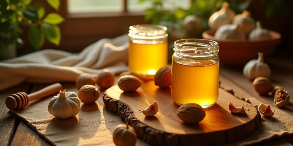 Mesa de trabajo artesanal con miel y nueces